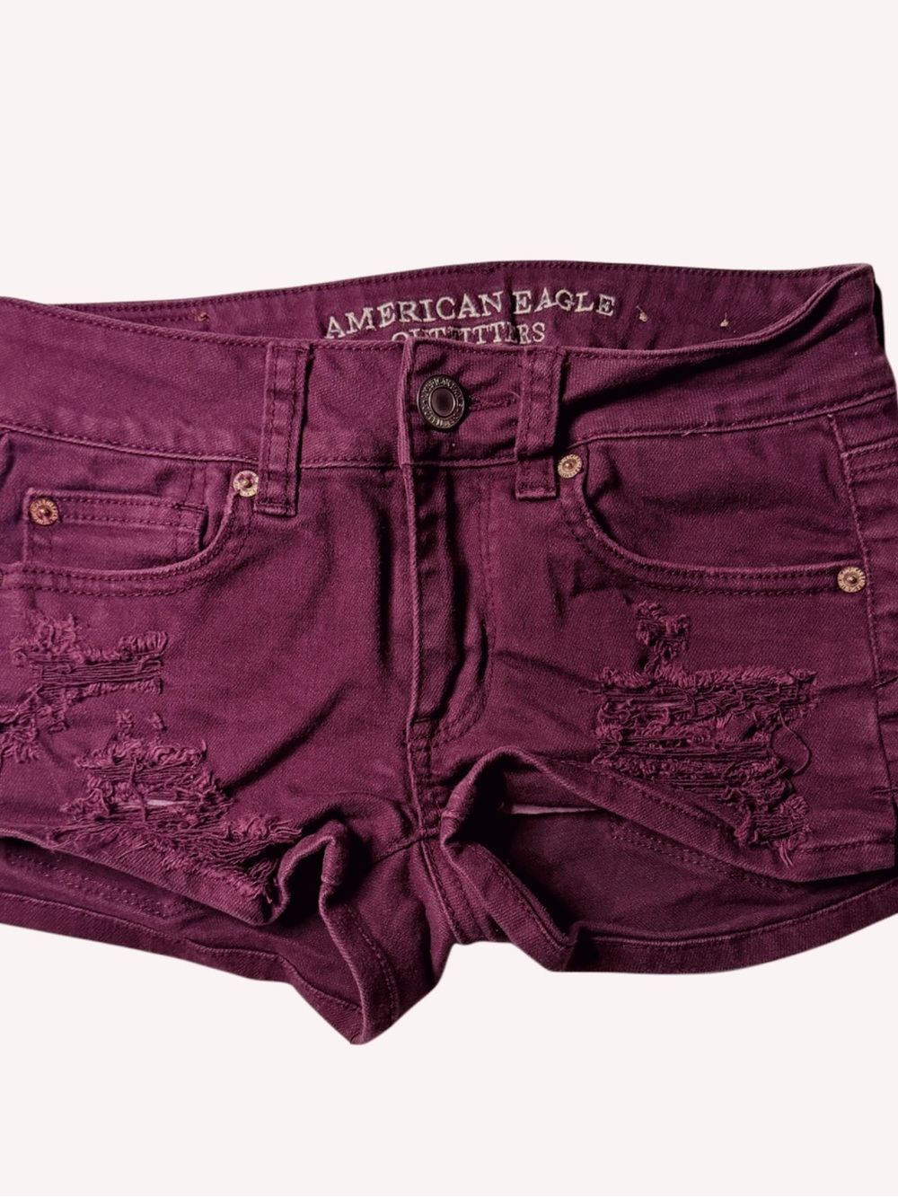 American Eagle Shortie Shorts Women 00 Burgundy Distressed Stretch Low Rise